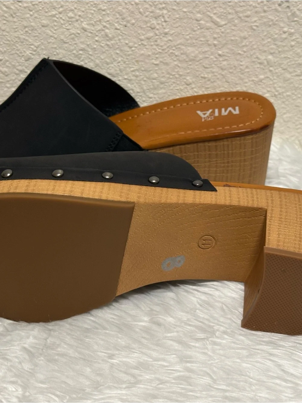 MIA Black Slide Sandals with Wood-Look Block Heel